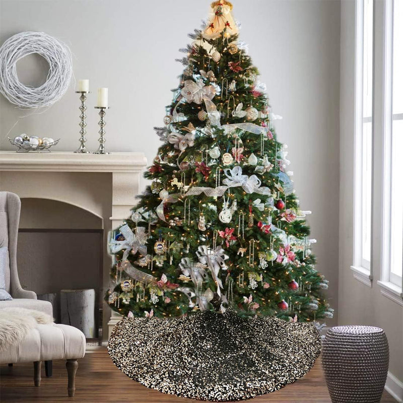 AOGU 48 Inch Champagne Sequin Christmas Tree Skirt for Merry Christmas Party Christmas Tree Decoration (Black Champagne)