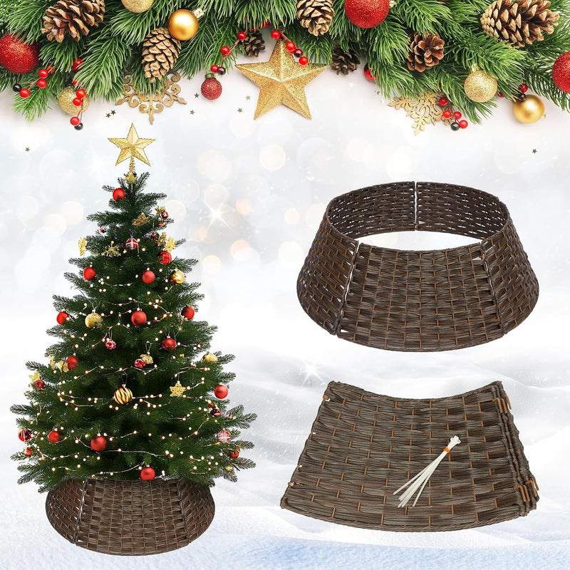 Christmas Tree Collar, Christmas Tree Ring, 27'' Handmade Tree Collar for Artificial Trees, Rattan Tree Stand Base Cover, Woven Wicker Christmas Tree Skirt, Brown