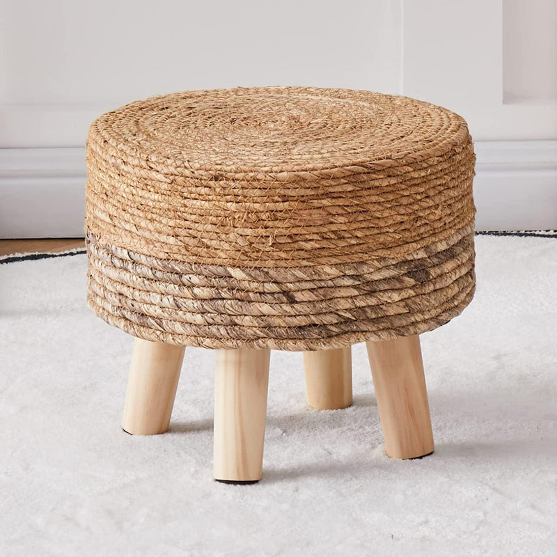 Cpintltr Foot Stool Natural Seagrass Hand Weave Poufs round Ottoman for Couch Desk Soft Step Stool Padded Foot Rest with Non-Skid Pine Legs for Hallway Office Lounge Natural