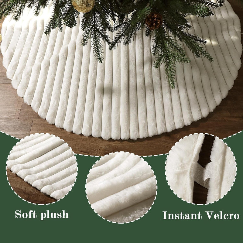 Faux Fur Christmas Tree Skirt: 48 Inch White Plush Fluffy Christmas Tree Skirt with Stripe Textured Pattern, Soft Beige Boho Christmas Tree Decorations for Merry Christmas Home Décor Xmas Party Gifts