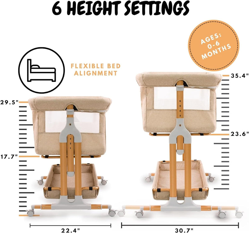 Bassinet Bedside Sleeper for Baby 6 Months, Convertible Cosleeping Baby Bed Attach to Bed with Wheels, Mattress, Storage Diaper Caddy, 6 Adjustable Height, Breathable Mesh Drop down Side, Gold