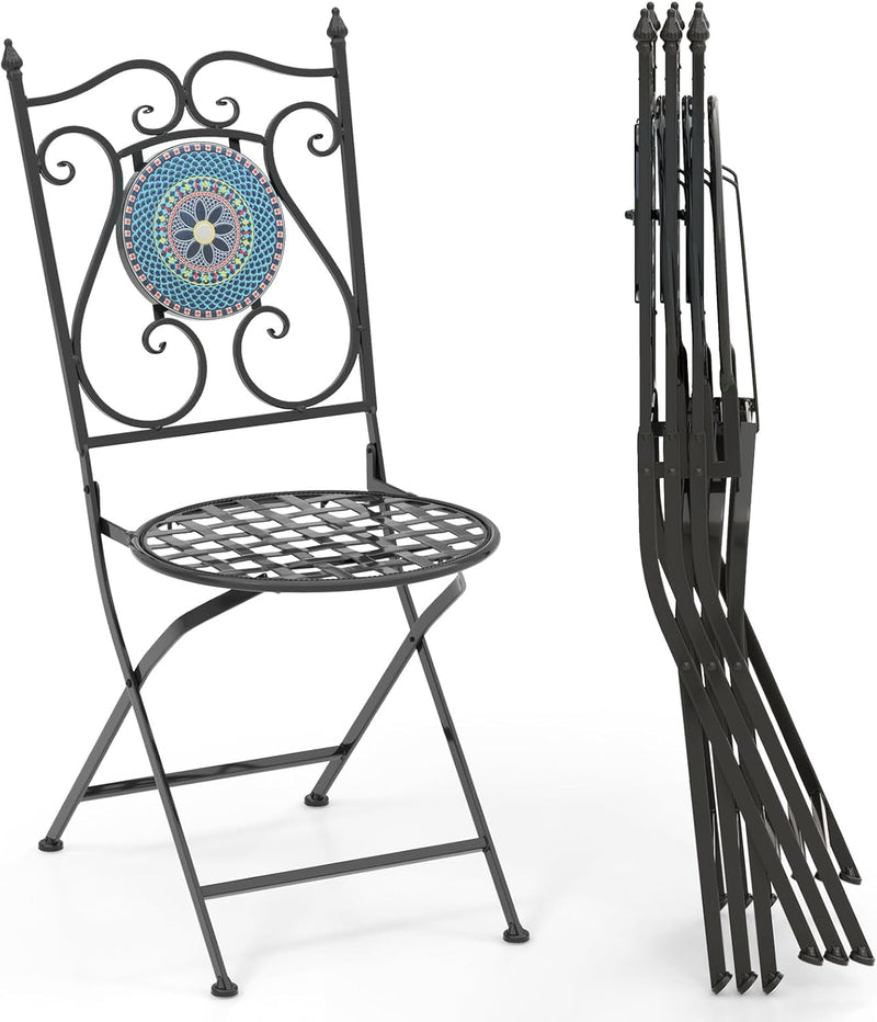 Giantex Set of 2 Patio Folding Chairs, Mosaic Bistro Chairs W/Backrest & round Seat, Heavy-Duty Metal Frame, 330Lbs Capacity, Outdoor Chairs for Porch Balcony Lawn