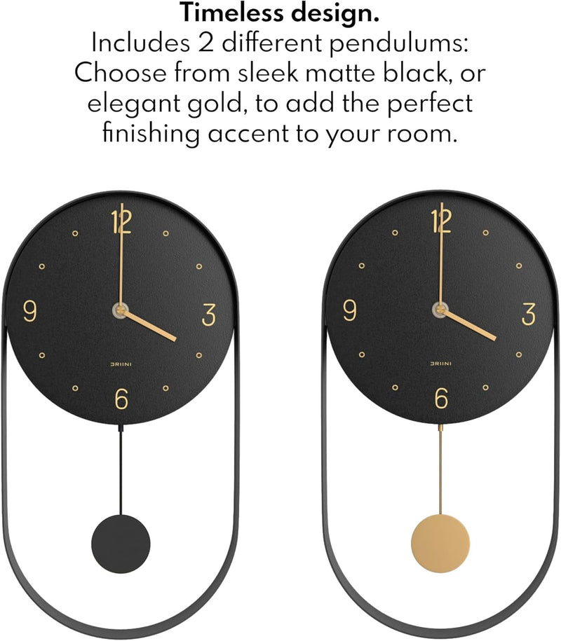 Driini Modern Pendulum Wall Clock - Decorative and Unique Metal Frame, with 8 Inch Face - Contemporary, Minimalist Design, with Silent Battery Operation - Includes Both Black and Gold Pendelum