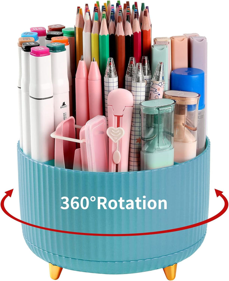 Desk Pencil Pen Holder, 5 Slots 360°Degree Rotating Pen Organizers for Desk, Desktop Storage Stationery Supplies Organizer, Cute Pencil Cup Pot for Office, School, Home, Art Supply, Dark Green