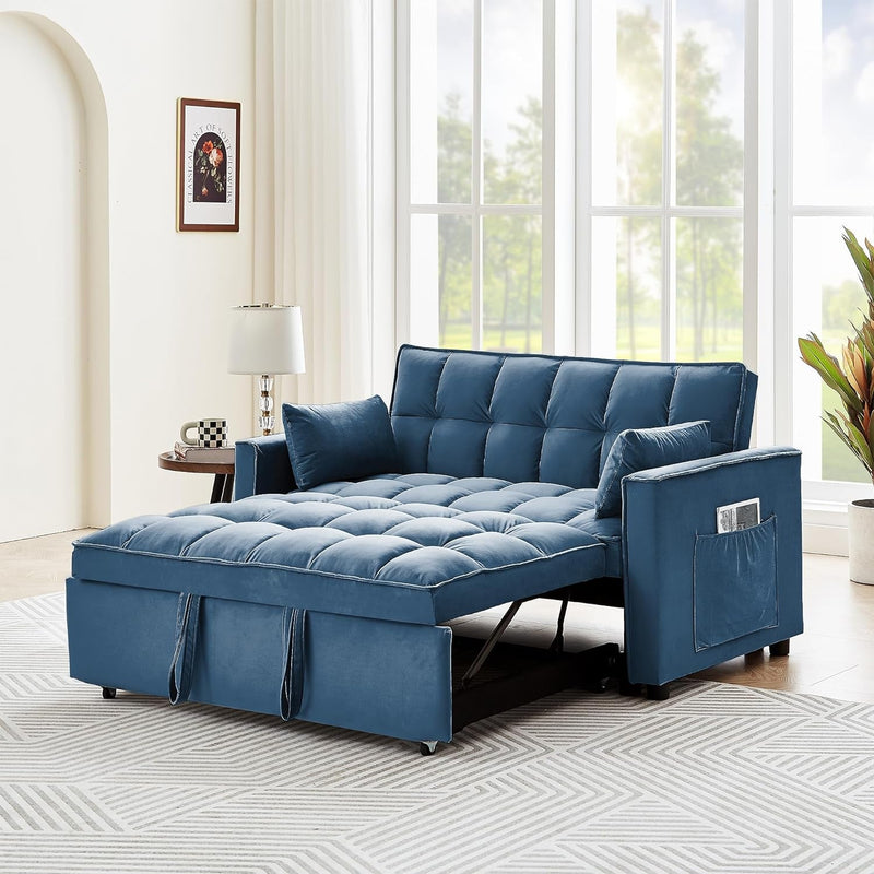 55.2" Loveseat Pull Out Couch, 3 in 1 Convertible Sleeper Sofa Bed for Living Room, Velvet Small Love Seat Futon Sofa Bed with Reclining Backrest, Toss Pillows, Side Pockets for Small Spaces