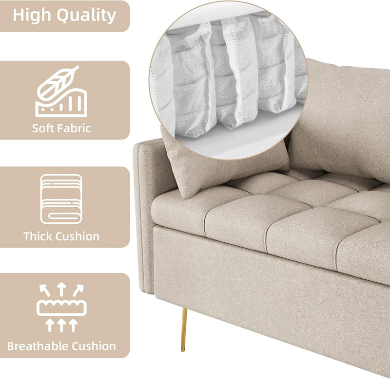 44.5 Inch Small Modern Loveseat Sofa Couch with Storage under Seat Cushion, Comfy Leather Fabric 2-Seat Sofa with 4 Pillows, Memory Foam, for Small Spaces, Living Room, Bedroom, off White