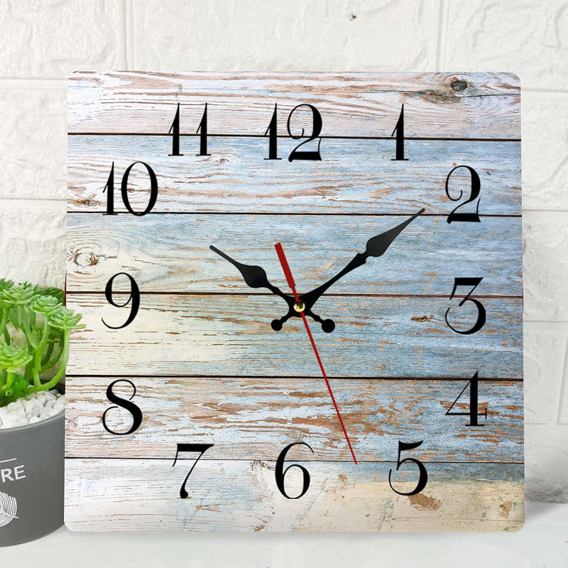 Artsocket Wooden Wall Clock Silent Non-Ticking, Green Blue Grey Teal Abstract Painting Gray Square Rustic Coastal Wall Clocks Decor for Home Kitchen Living Room Office, Battery Operated(12 Inch)