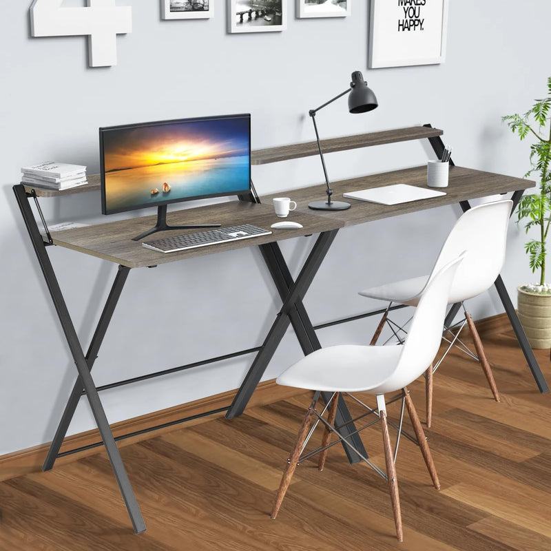 Folding Desk 2-Tier Foldable Table Space Saving Computer Table Writing Workstation for Home Office with Metal Frames/Wood Top Laptop, No Assembly Required, Rustic Brown, 31.9(L) X 20.5(D) X 33.5(H)