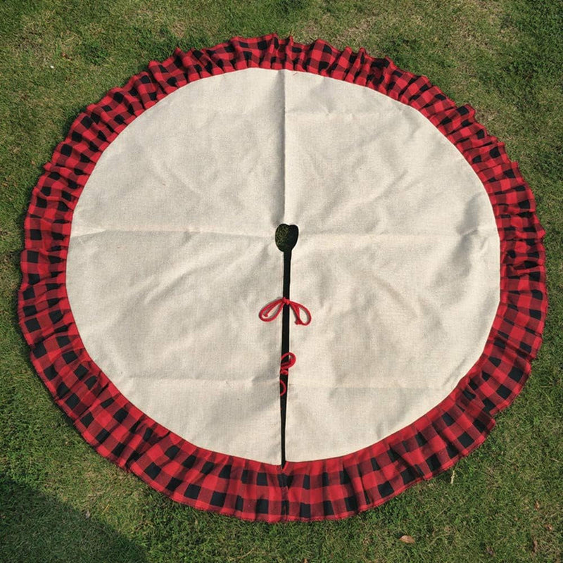 48Inch Christmas Tree Skirt Buffalo Plaid Ruffled Burlap Tree Skirt Rustic Xmas Holiday Decoration