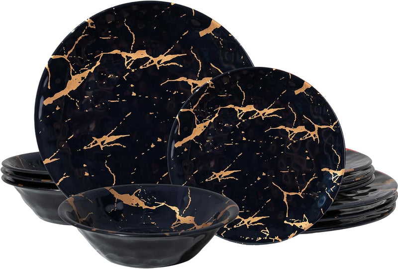 Black Melamine Dinnerware Set, 12 Piece Marble Kitchen Plates and Bowls Set, Dishes Set for 4, Dishwasher Safe,Indoor and Outdoor Use for Paties,Halloween,Christmas, Harvest. Black & Gold