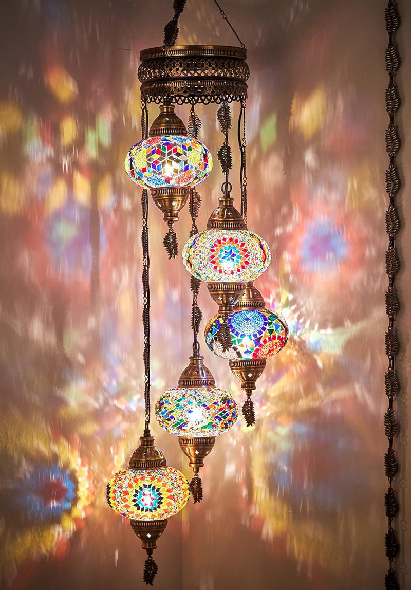 DEMMEX Swag Plug in Light, Turkish Moroccan Colorful Mosaic Stained Glass Wall Plug in Ceiling Hanging Light Chandelier Lighting with 15Feet Chain Cord & Plug, 5 Big Shades (Multicolor)