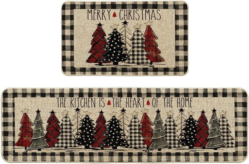 Artoid Mode Buffalo Plaid Xmas Tree Merry Christmas Kitchen Mats Set of 2, Winter Home Decor Low-Profile Kitchen Rugs for Floor - 17X29 and 17X47 Inch