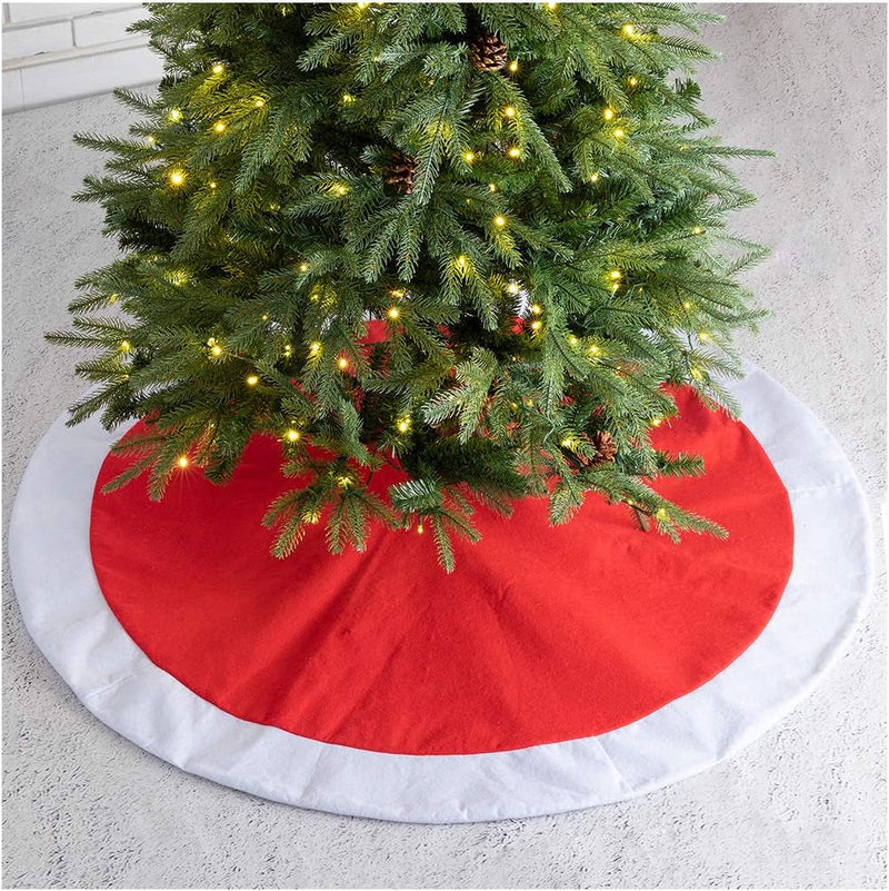 Glitzhome 48" D Red and White Felt Christmas Tree Skirt,Red Xmas Tree Mat Cover Ornaments Tree Rug for Holiday Party Home Christmas Decoration