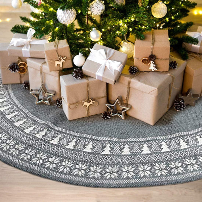 Dremisland Christmas Tree Skirt, Knitted Snowflake and Xmas Tree Pattern Thick Heavy Yarn Knit for a Warm Xmas Holiday Decoration (36Inch/90Cm, Grey)