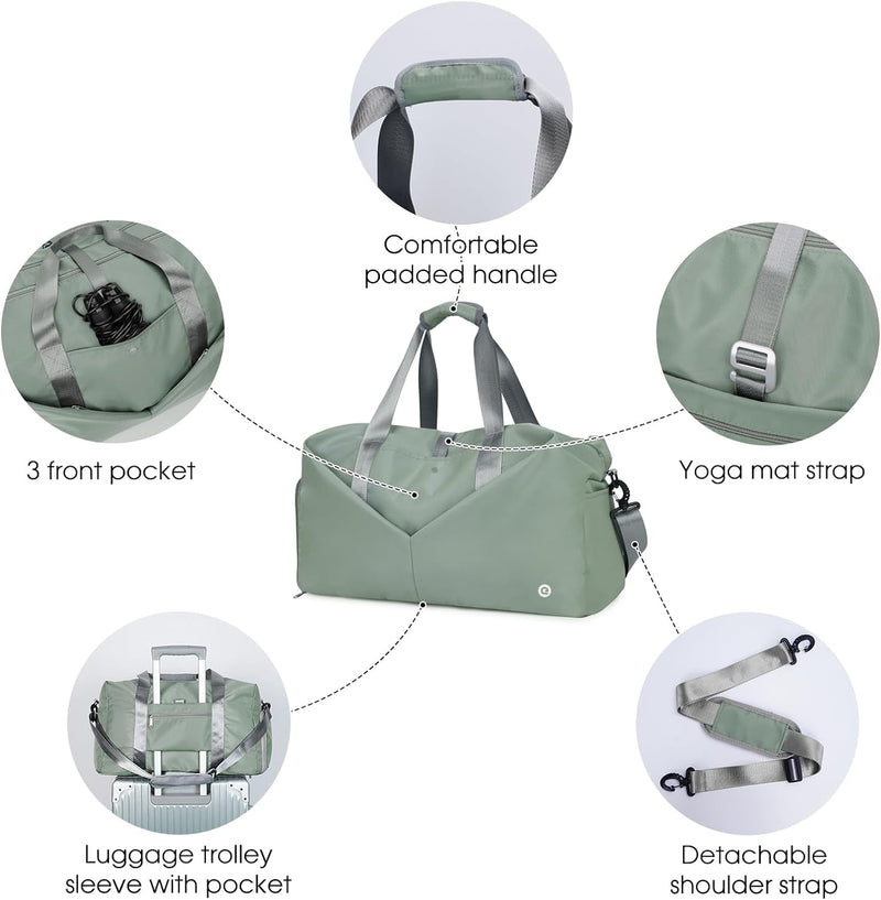 Ceneda 20" Gym Duffel Bag with Wet Pocket Shoes Compartment Portable Overnight Weekender Bag Travel Bag Yoga Bag for Women (Celadon)