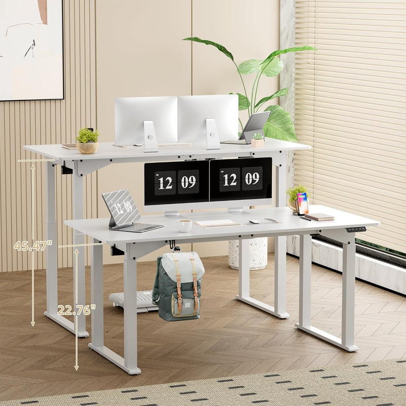 Electric Standing Desk 4 Legs, 63 X 28 Inches Height Adjustable Table with Strong Dual Motor, Computer Workstation with Memory Preset for Home Office, White