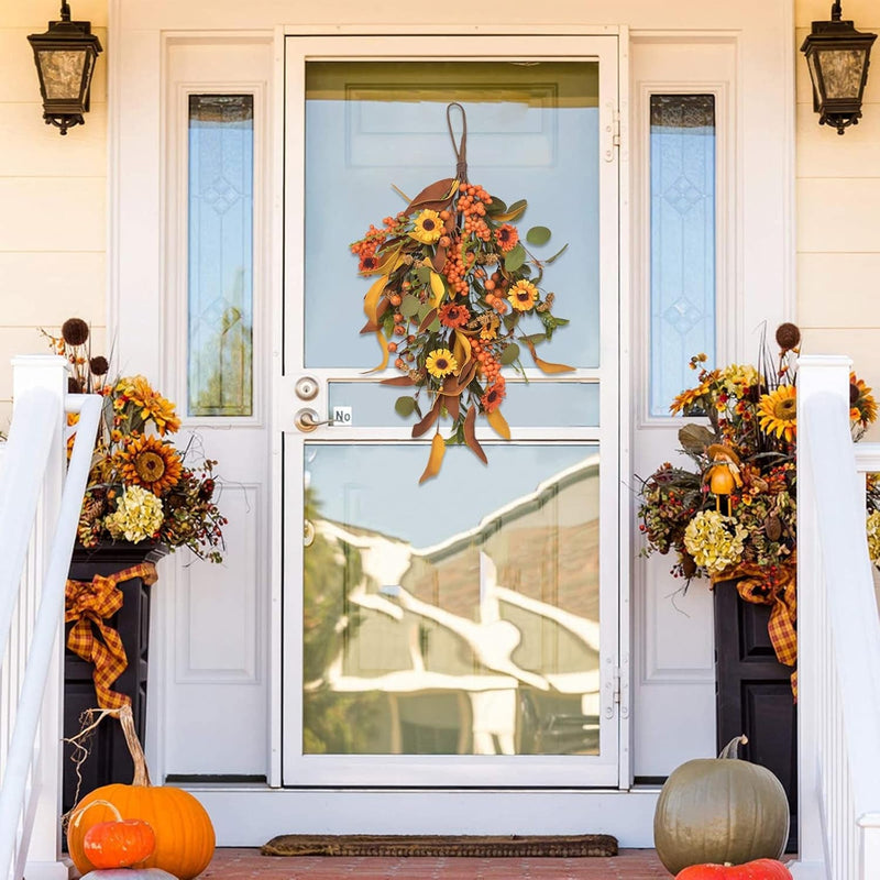 19.7Inch Fall Harvest Teardrop Swag, Simulation Flower Harvest Door Swag Wreath, Wall Hanging Autumn Wreath with Pumpkin Maple Leaf Berries for Front Door Thanksgiving Decor, A