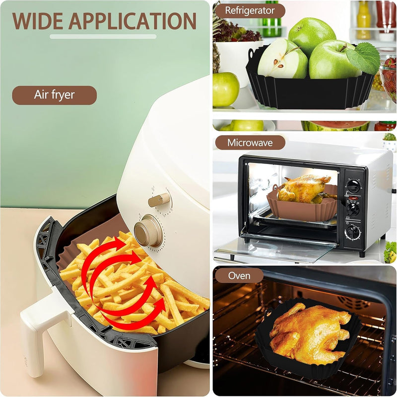 2 PCS Square Silicone Air Fryer Liners - 8 Inch Reusable Air Fryer Pot - Air Fryer Accessories - Air Fryer Inserts for 4 to 7 QT Oven Microwave Accessories (Black + Brown)