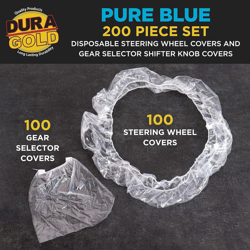 Dura-Gold 200 Piece Set of Disposable Steering Wheel Covers and Gear Selector Shifter Knob Covers - Universal Fit, Clear Plastic with Elastic Bands - Handbrake Cover, Keep Auto Interior Clean Sanitary