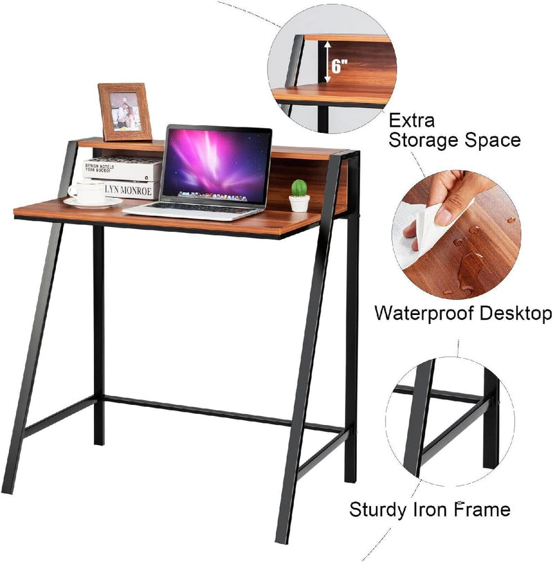 Computer Desk, Home Office Study Desk with 2 Bookshelf, Industrial Simple Style Wood Table Metal Frame for PC Laptop Notebook Mesa Para Computadora