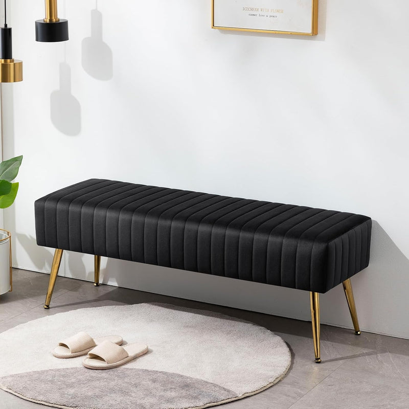 Furniliving 44 Inch Bedroom Bench, Upholstered Tufted Striped Fabric Ottoman Bench with X-Shaped Metal Legs for Living Room, Entryway Solid Wood Indoor Bench for Foyer (Black)