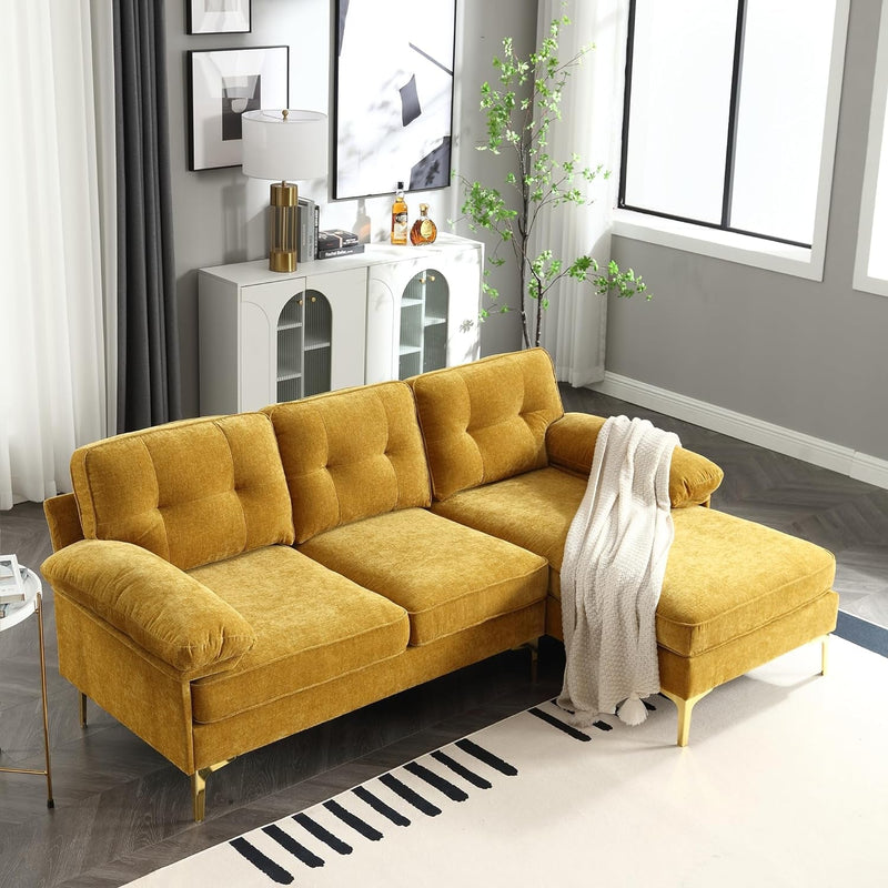 CALABASH 83" L Shaped Sectional Sofa, Chenille 3-Seater Sofa with Reversible Chaise, Modern Soft Cushion Fluffy Armrest Convertible Couch for Living Room Apartment Small Spaces (Yellow)