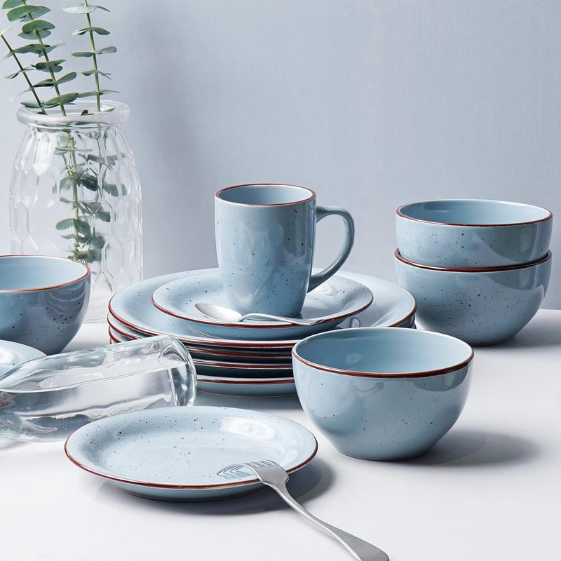 16 Piece Stoneware Dinnerware Set,Dinnerware Set for 4,Plates and Bowls Sets,Plates,Bowls,Cups,Microwave Dishwasher Safe,Service for 4 (Blue Dot)