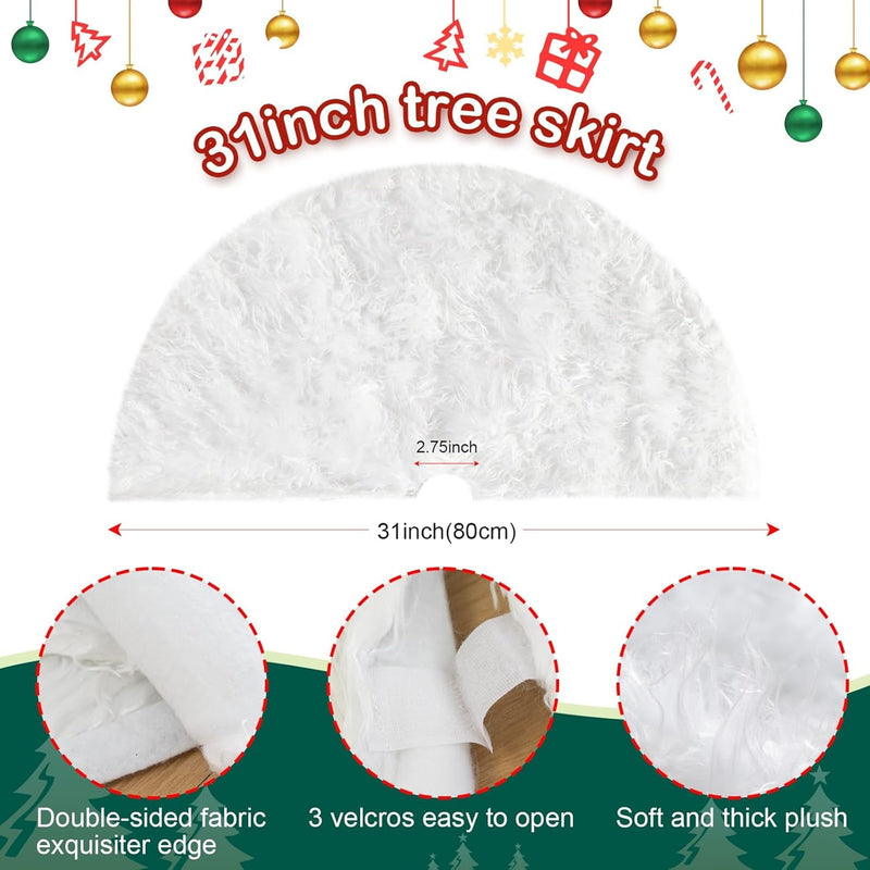 31 Inch White Christmas Tree Skirt, Fur Tree Skirt Snowy White Plush Velvet Wool-Like Chirstmas Tree Skirt Holiday Party Decoration for Merry Christmas Xmas Party Supplies