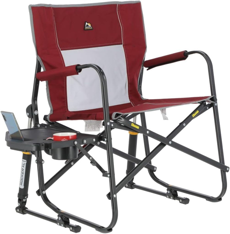 GCI OUTDOOR Freestyle Rocker XL with Side Table Camping Chair | Portable Folding Rocking Chair with Solid, Durable Armrests, Drink Holder & Comfortable Backrest — Red