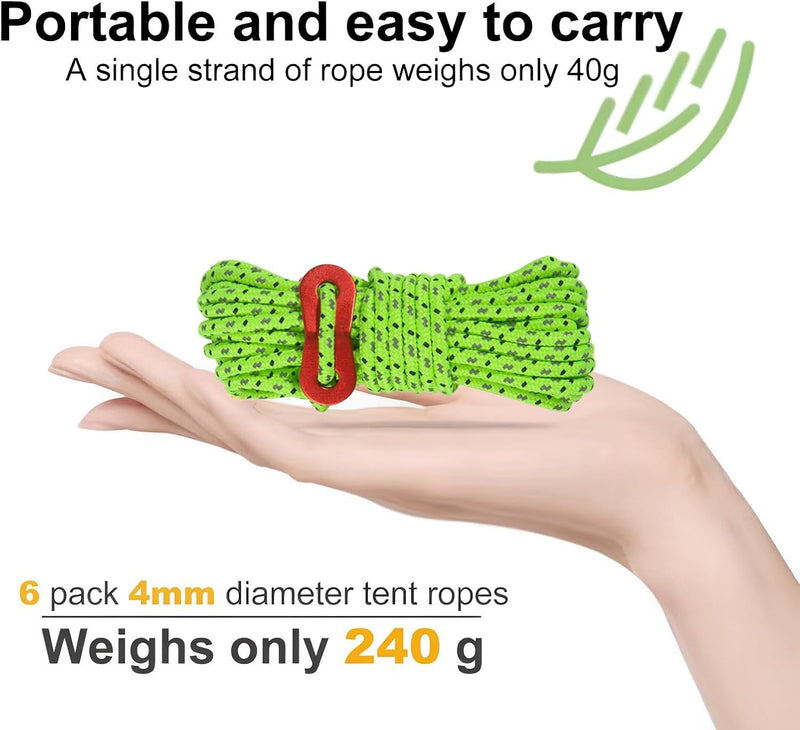 16.4Ft 6 Pack 4Mm Guy Lines Ultralight Tent Cords with Aluminum Adjuster Tensioner Outdoor Camping Guylines Ropes for Tent Tarp,Climbing,Hiking Backpacking (Green)