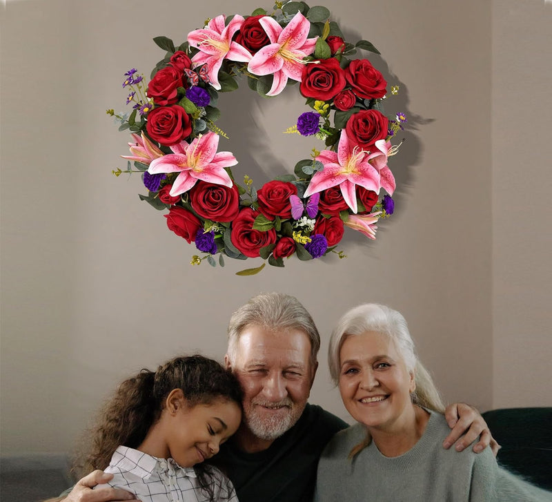 Cemetery Wreaths for Graves with 30 Inch Easel Stand,Handmade Headstone Wreath Flower with Hanger, Artificial Rose Lily Daisy and Carnation,Red/Pink