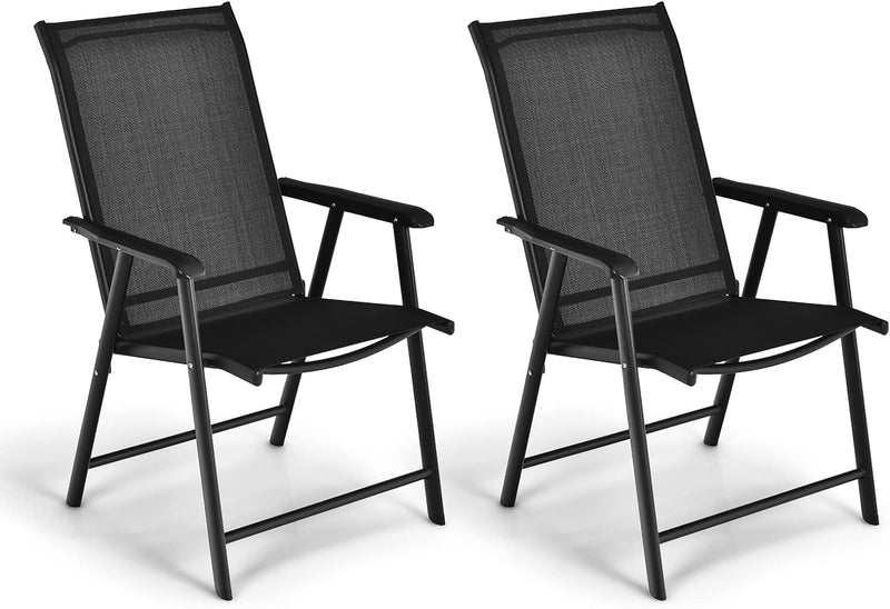 Giantex Set of 4 Patio Chairs, Outdoor Folding Chairs, Portable Dining Chairs for Garden Camping Poolside Beach Deck, Lawn Chairs with Armrest, 4-Pack Sling Chairs, Metal Frame, Grey