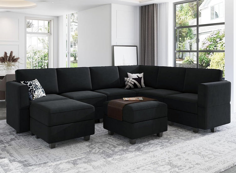 Belffin Modular Sectional Sofa with Storage Seat Oversized U Shaped Couch with Reversible Chaise Sofa Set with Ottoman Velvet Fabric Swatch Card