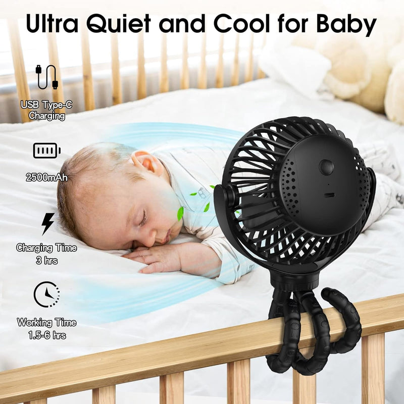 Baby Stroller Fan, Mini Portable Personal Handheld Fan,Clip on Fan with Flexible Tripod, USB Rechargeable Cooling Desk Fan for Travel, Car Seat, Camping, Bedroom(Black)