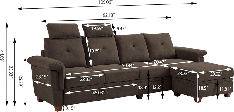 Convertible Sectional Sofa with Storage, 4 Seat L Shaped Couch with Chaise and Cup Holder, Modern Microfiber Fabric Sofas Couches for Living Room, Dark Coffee