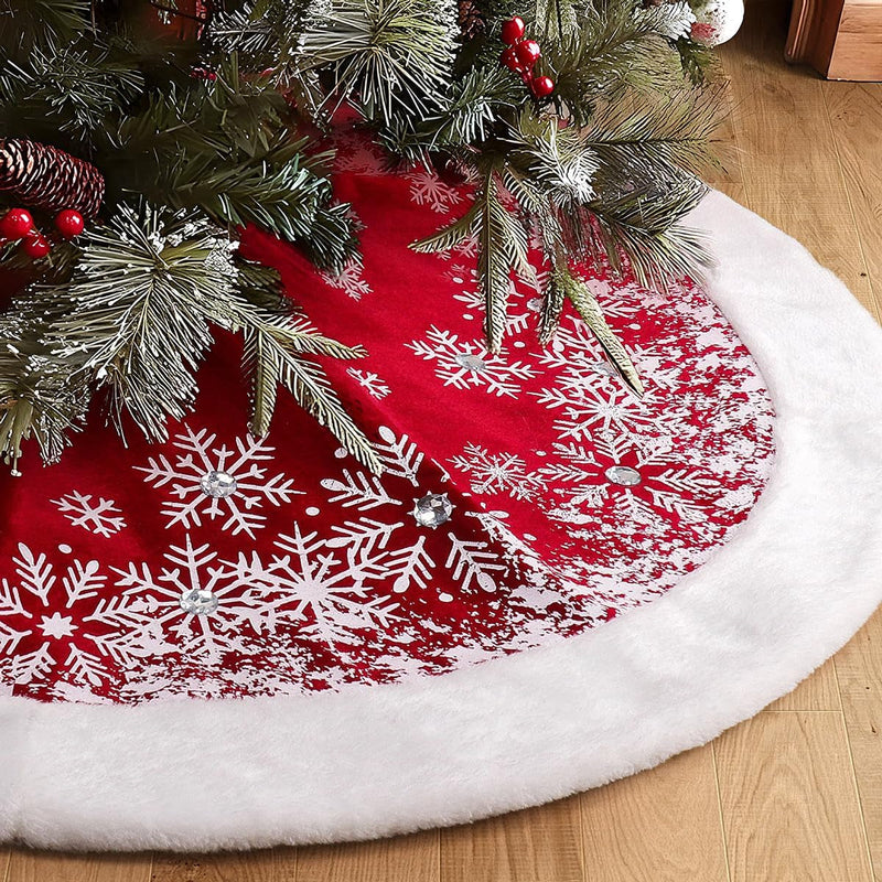 GMOEGEFT Christmas Tree Skirt 48 Inches Red Velvet with Snowflakes Xmas Decorations Holiday Decor