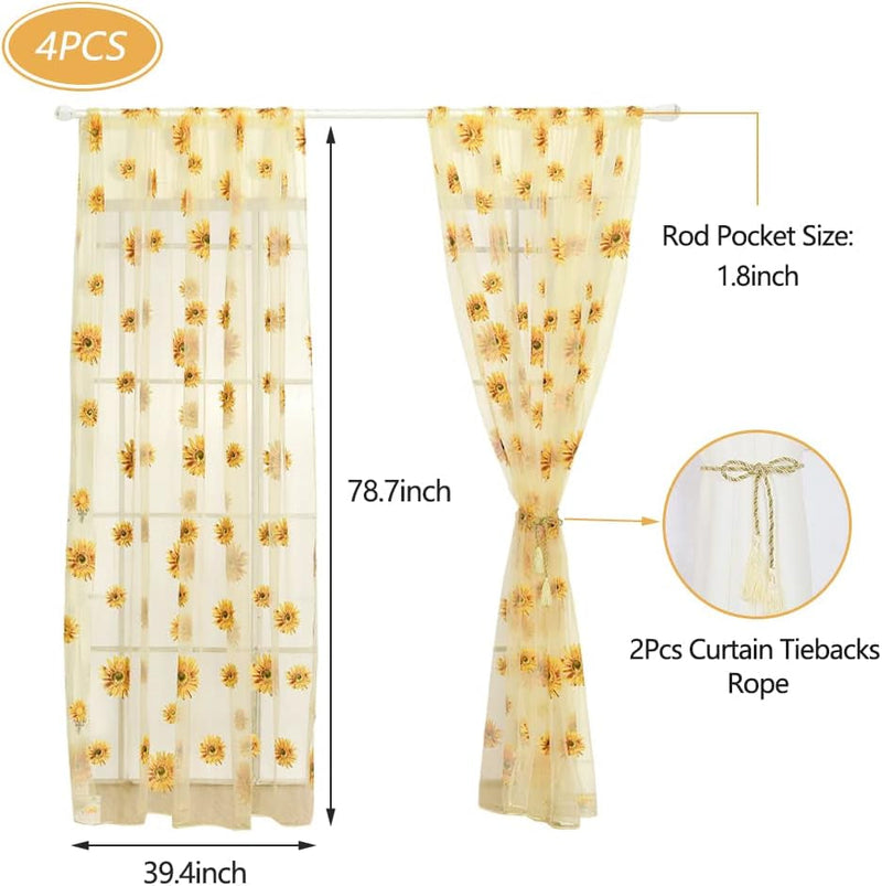 2PCS Sunflower Curtains Yellow Sheer Window Curtains with 2 Curtain Tiebacks Rope for Bedroom Living Room Kitchen Decor, Rod Pocket Window Treatments W39 X L79