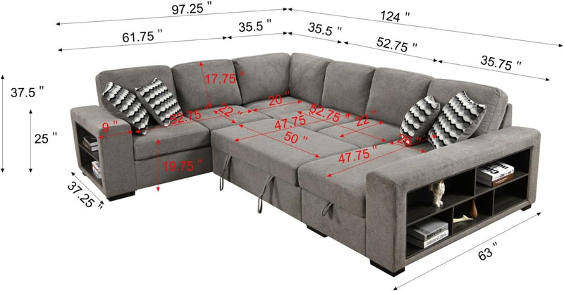 125' Oversized Sectional Sleeper Sofa Bed with Storage Chaise and Pull-Out Bed, 6-Seater Fabric U-Shaped Sectional Couches with Bulit-In Storage Arm for Living Room - Light Grey