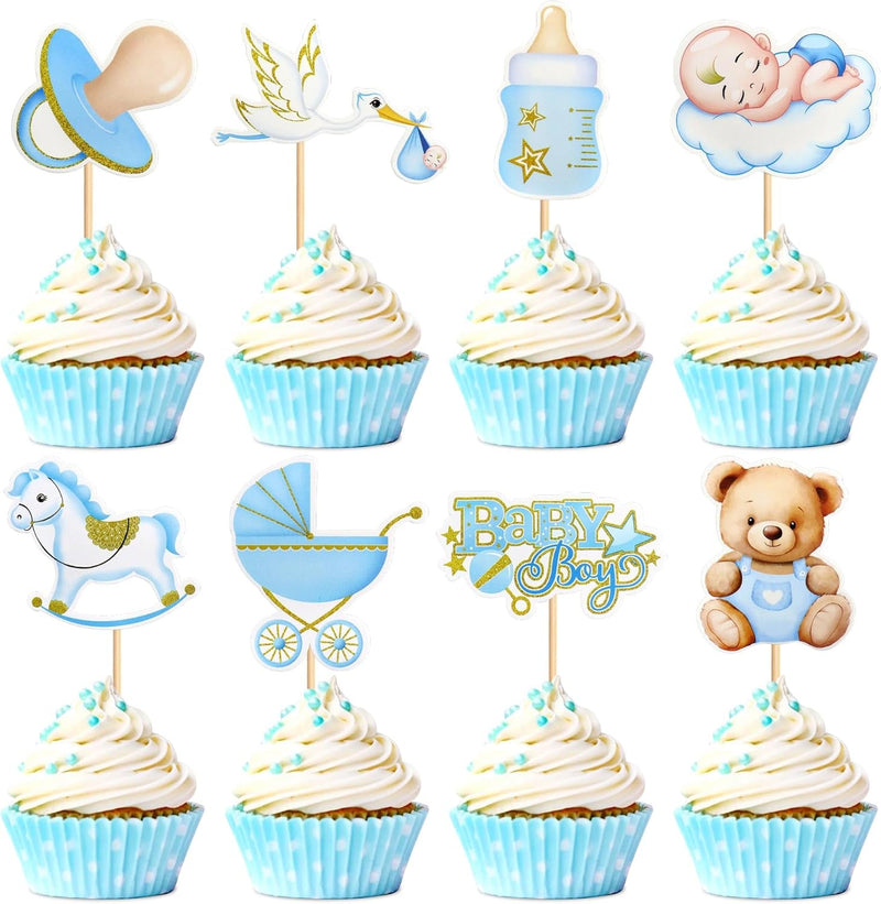 36 PCS Baby Shower Bear Cupcake Toppers Selection Baby Bear Theme Baby Shower Decorative Supplies Jungle Animal Theme Baby Shower Birthday Party Cake Decorative Supplies Blue