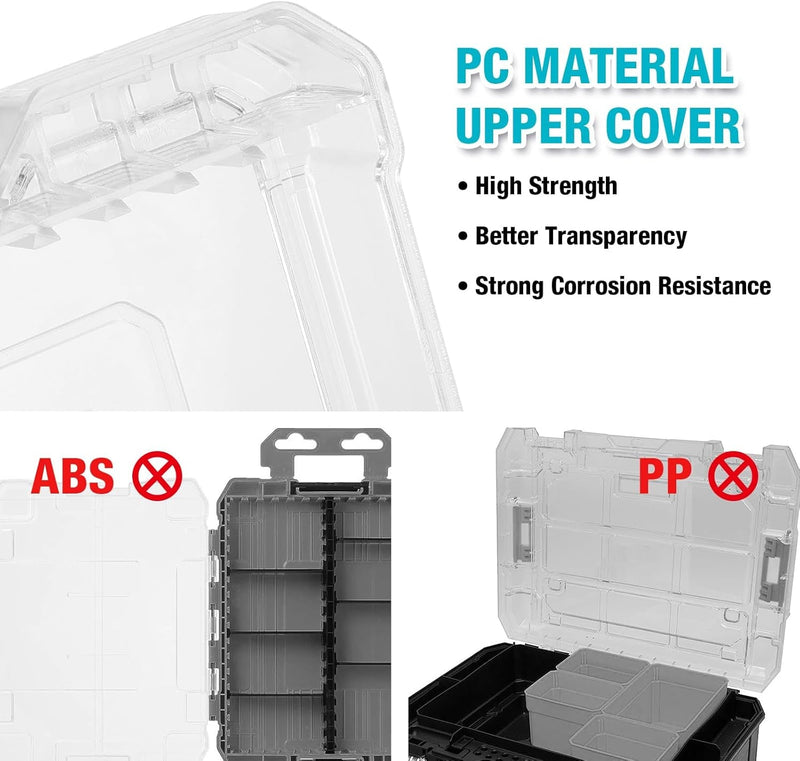 Duratech 3 Pieces Small Parts Organizer, 14 Compartments, Removable Dividers, Portable Hardware Tool Box Organizer with Transparent Plastic Lid, Durable Cases Storage for Small Tools and Accessories