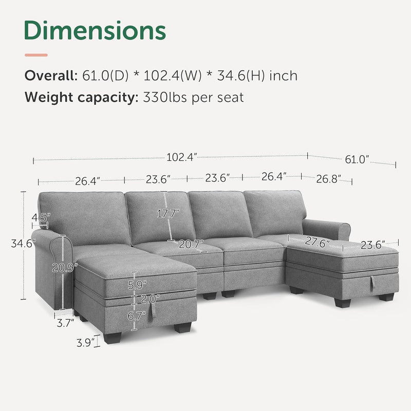 HONBAY Convertible Sectional Sofa with Storage Seat 6 Seat Sofa with Reversible Chaise U Shaped Sectional Couch for Living Room,Light Grey