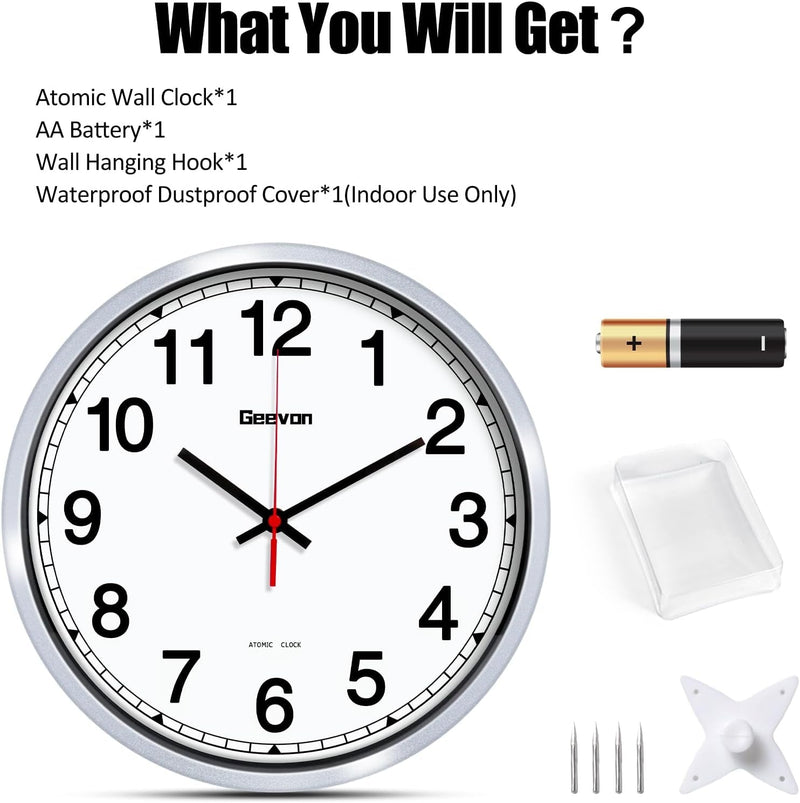 Geevon 12 Inch Atomic Analog Wall Clock, Sets Automatically Wall Clock Battery Operated, Easy to Read Atomic Clock for Kitchen/School/Classroom/Living Room (Silver Frame)