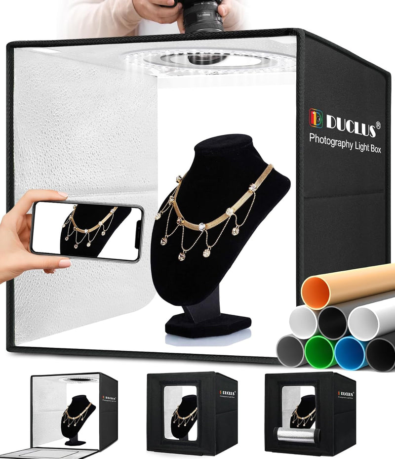 DUCLUS Light Box Photography, 12"X12" Professional Photo Booth Box with 8 Photo Backdrop, 112 LED Lights Dimmable & High CRI>95 Lightbox for Mini Product Photography: Jewelry, Miniature Models Etc.