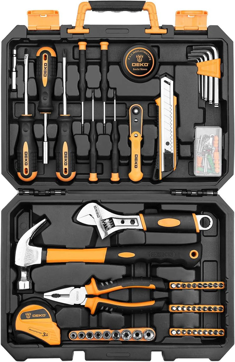 DEKOPRO 100 Piece Tool Set,General Household Hand Tool Kit,With Plastic Toolbox Storage Case for Handyman,Home Maintenance