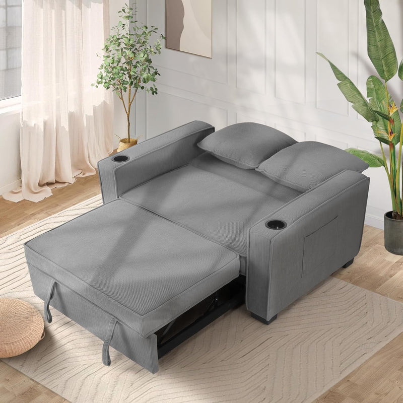 52" Convertible Sofa Bed, 3-In-1 Sleeper Sofa Pull-Out Bed, Multi-Functional Corduroy Futon Couch with Adjustable Backrest and Cup Holders, Loveseat Sofa for Small Space, Living Room, Dark Grey