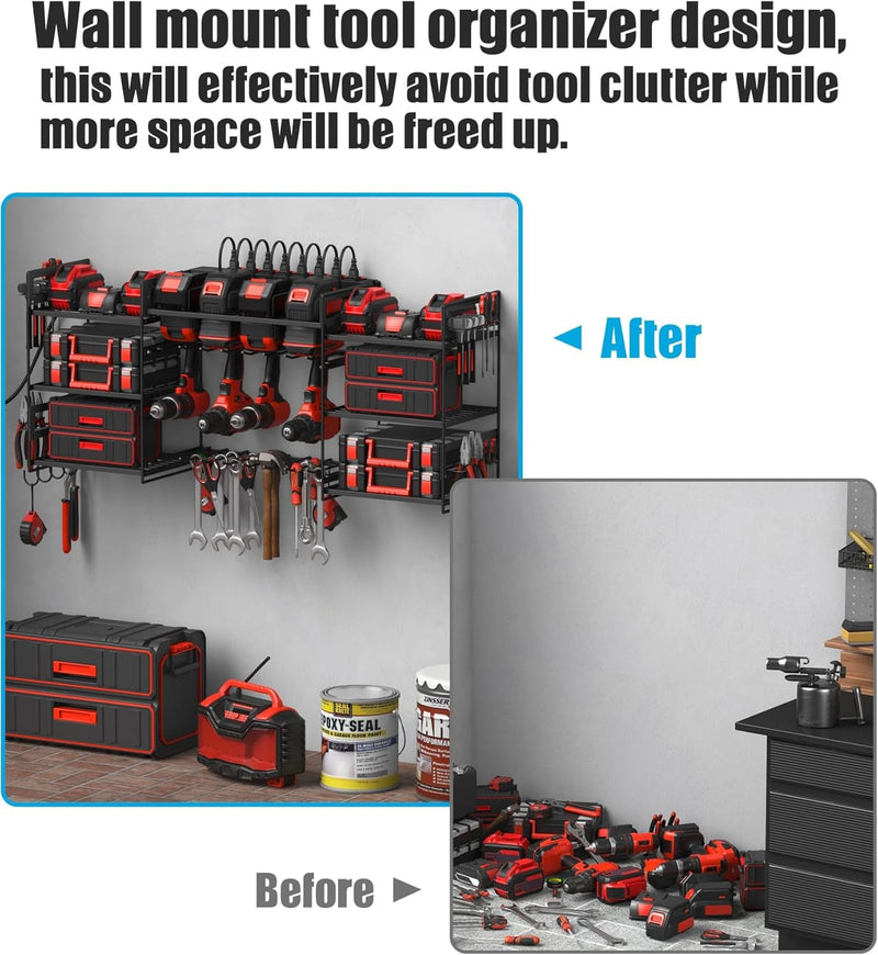 CCCEI Black Power Tools Organizers Wall Mount, Large Tools and Battery Storage Rack Charging Station. 8 Drill Holder, All Metal, Garage Utility Shelves with 6FT Power Strip. Gift for Men.