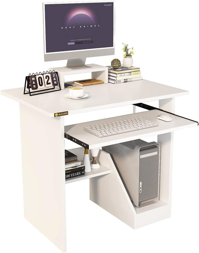 29.53" Computer Desk with Keyboard Tray Storage Shelf Monitor Home Office Writing Desk Small Study Table Workstation Gaming Computer Desk for Small Spaces,White