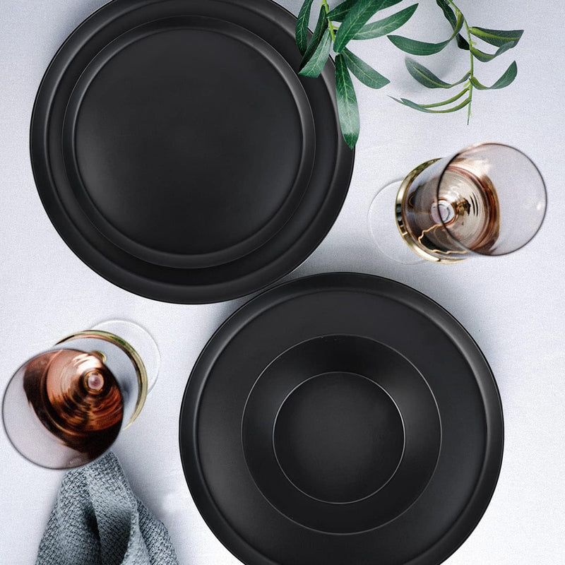 12-Piece Plastic Dinnerware Set Plates and Bowls Sets Service for 4 Matte Black Melamine Plates Unbreakable Plastic Outdoor Camping Dishes Decor Dishwasher Safe