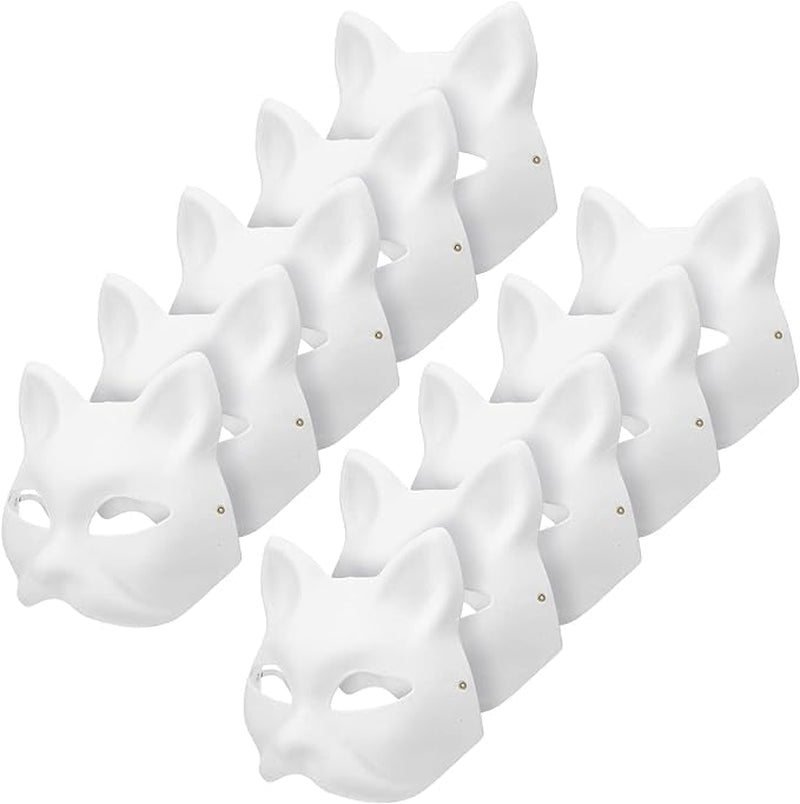 10PCS Cat Mask Therian Masks, White Paper Pulp Blank Cat Masks to Paint Blank Animal Dress up Masks DIY White Masks Half for Masquerade Halloween Kids Cosplay Masks Costume Party Favors