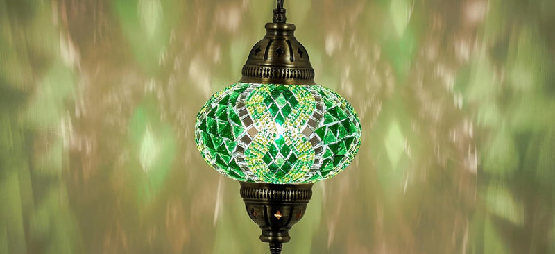 DEMMEX Authentic Turkish Plug in Light, Handmade in Turkey, 6.5" Globe, Turkish Moroccan Mosaic Swag Plug in Ceiling Hanging Pendant Light Fixture, 15Ft Cord & Decorated Chain (Green)